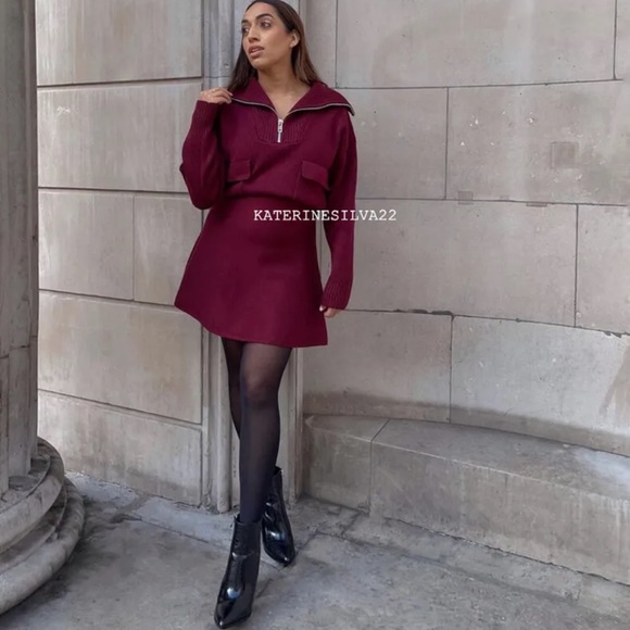 Zara Set - Burgundy Wool Blend Knit Zip Sweater & Mini Skirt - Picture 9 of 17